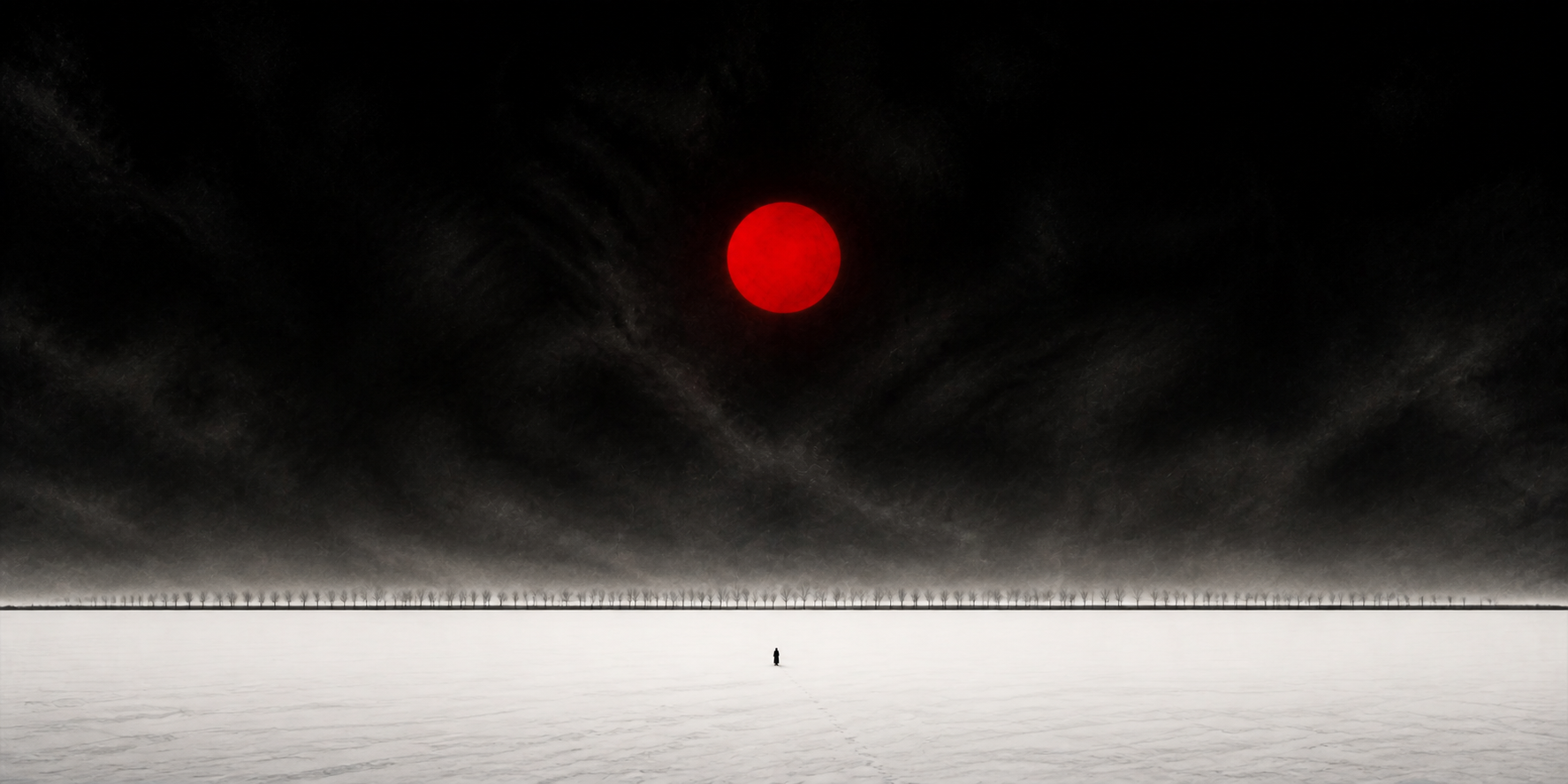 A distant traveler crossing a snow field beneath the red moon