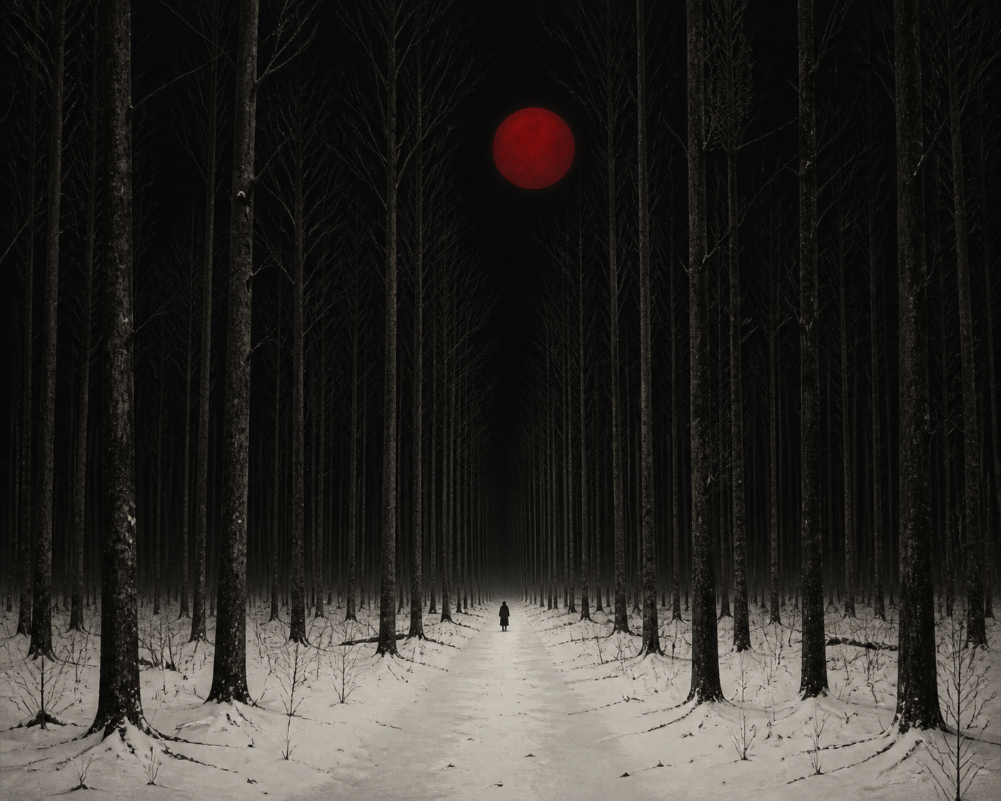 A distant traveler walking through a winter forest beneath the red moon