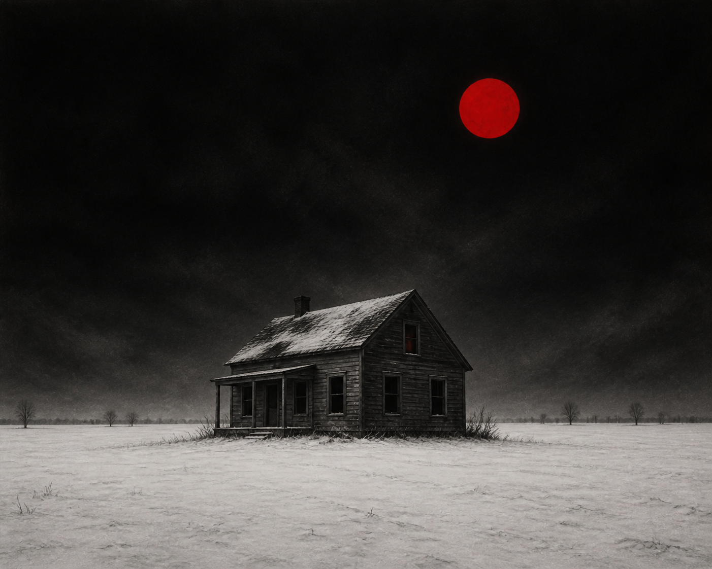 An abandoned wooden house beneath the red moon in a snow field