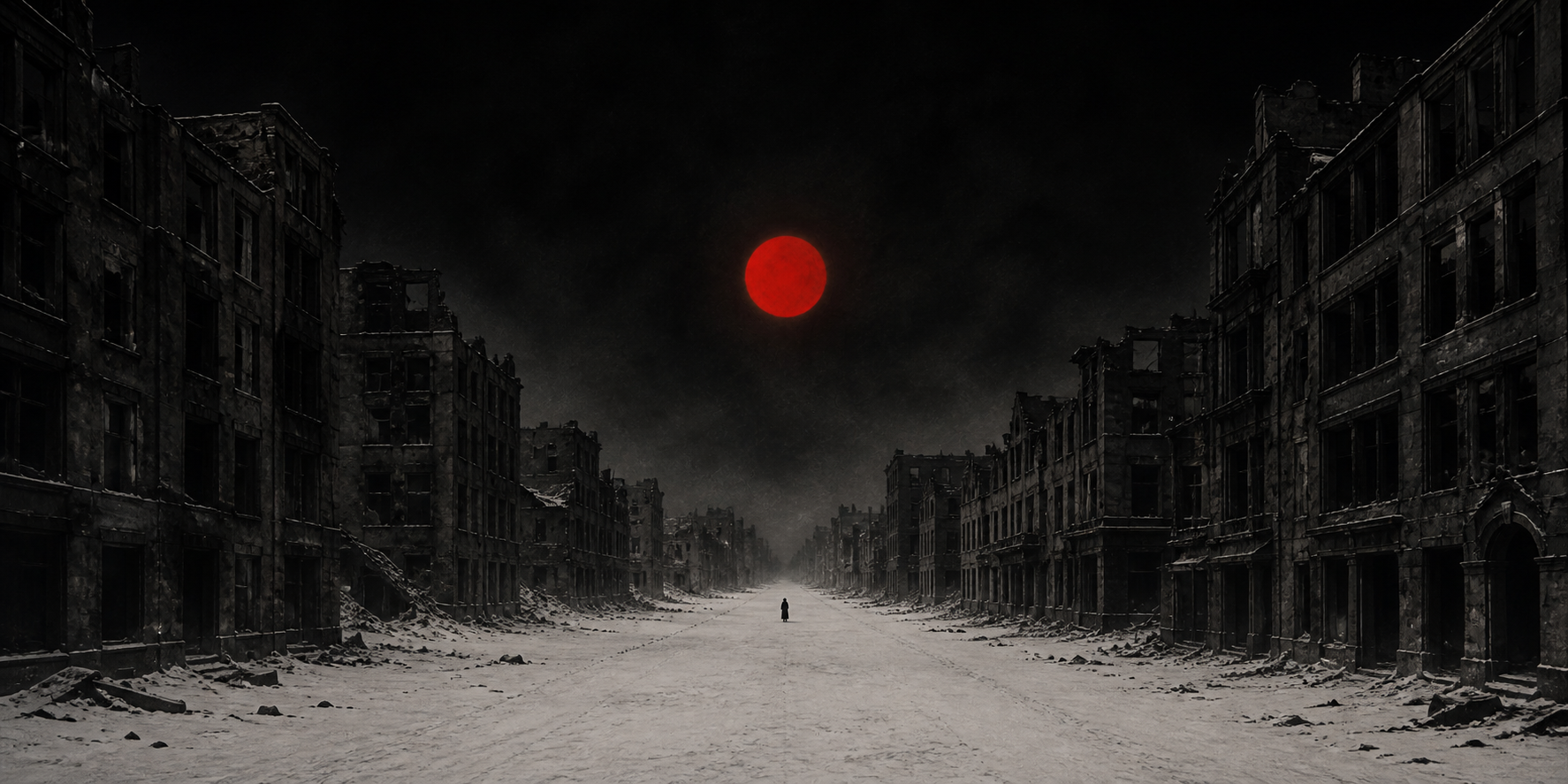 A lone figure crossing the ruins of a city beneath the red moon